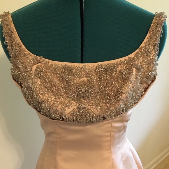 Vintage Dresses & Skirts - 1950’s Pale Pink Satin Ball Gown With Silver Beeds